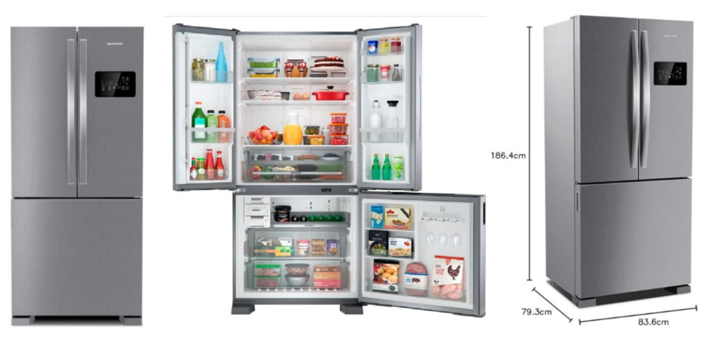 Geladeira Brastemp French Door 554L BRO85AK Inox 220V com portas abertas mostrando interior e dimensões