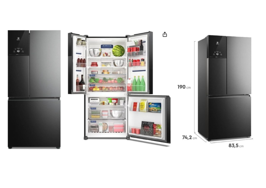 Geladeira Electrolux Multidoor 590L AutoSense Inverter Black Inox 220V com portas abertas mostrando interior e dimensões