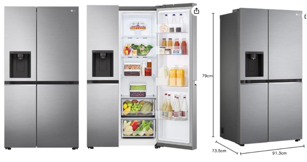 Geladeira LG Side by Side UVnano 611L GC-L257SLPL Inverter Inox com dispenser e portas abertas