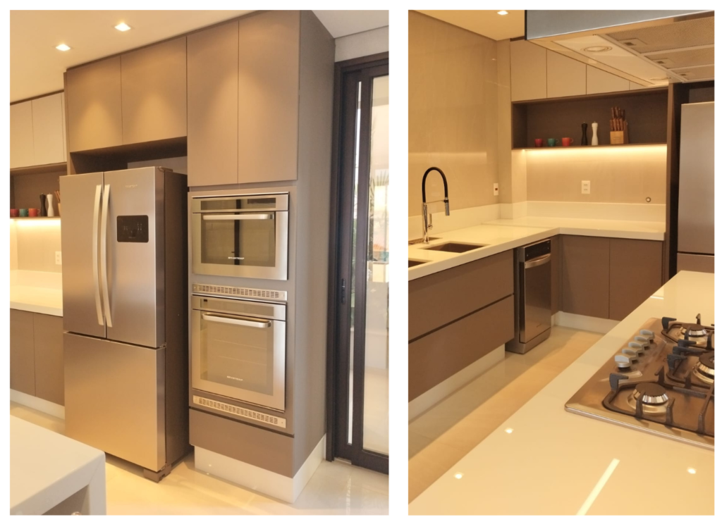 torre quente com forno e microondas embutidos em cozinha planejada moderna